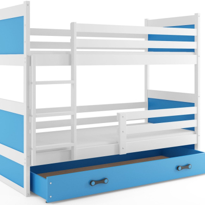 Dětská patrová postel s úložným prostorem s matracemi 80x160 FERGUS - bílá / modrá