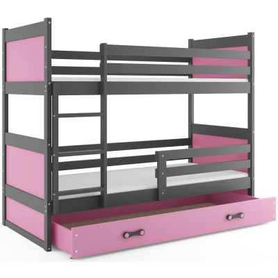 Dětská patrová postel s úložným prostorem s matracemi 80x160 FERGUS - grafit / růžová