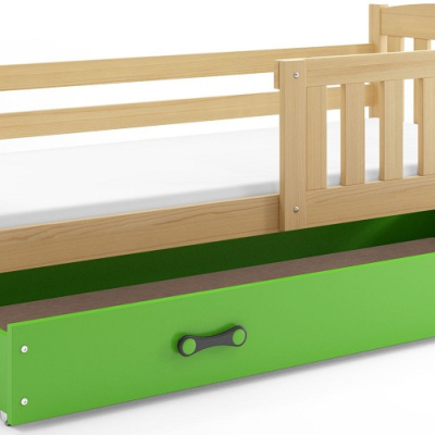 Dětská postel s úložným prostorem s matrací 90x200 BRIGID - borovice / zelená
