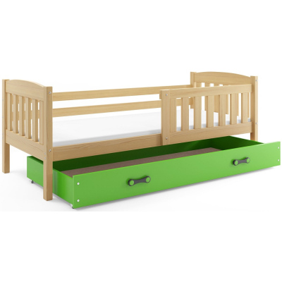 Dětská postel s úložným prostorem s matrací 90x200 BRIGID - borovice / zelená