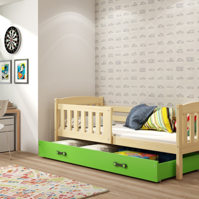Dětská postel s úložným prostorem bez matrace 90x200 BRIGID - borovice / zelená