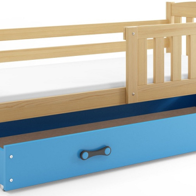 Dětská postel s úložným prostorem s matrací 90x200 BRIGID - borovice / modrá