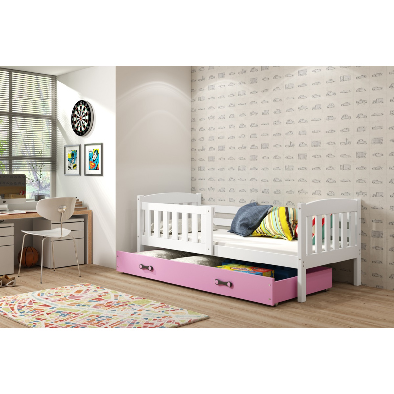 Dětská postel s úložným prostorem s matrací 90x200 BRIGID - bílá / růžová