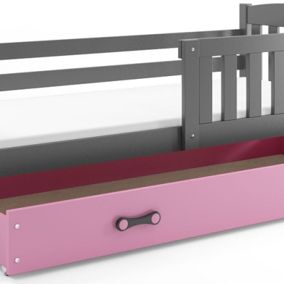 Dětská postel s úložným prostorem s matrací 90x200 BRIGID - grafit / růžová