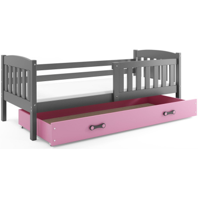 Dětská postel s úložným prostorem s matrací 90x200 BRIGID - grafit / růžová