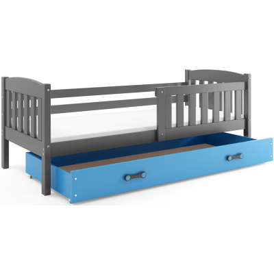 Dětská postel s úložným prostorem s matrací 90x200 BRIGID - grafit / modrá