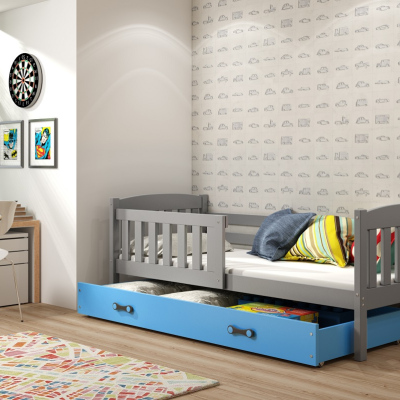 Dětská postel s úložným prostorem s matrací 90x200 BRIGID - grafit / modrá