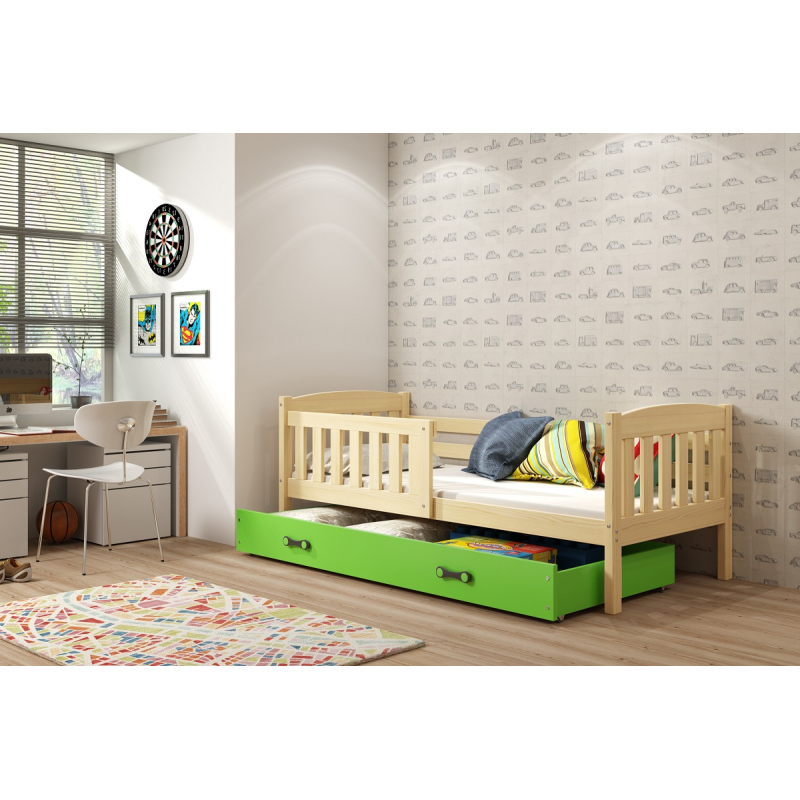Dětská postel s úložným prostorem s matrací 80x160 BRIGID - borovice / zelená