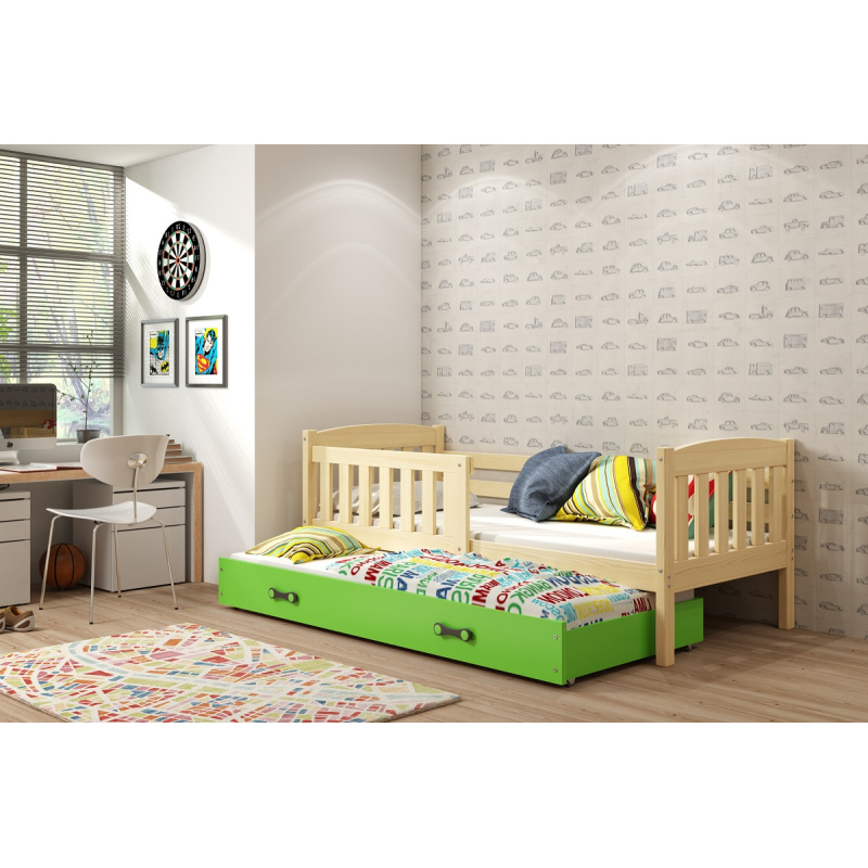 Dětská postel s přistýlkou a matracemi 90x200 BRIGID - borovice / zelená