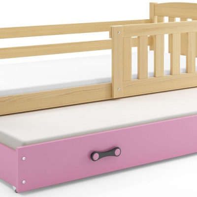 Dětská postel s přistýlkou a matracemi 90x200 BRIGID - borovice / růžová