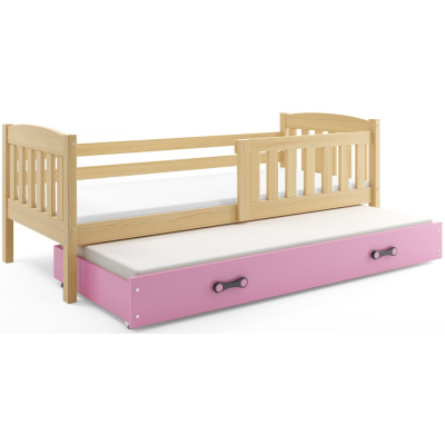 Dětská postel s přistýlkou a matracemi 90x200 BRIGID - borovice / růžová