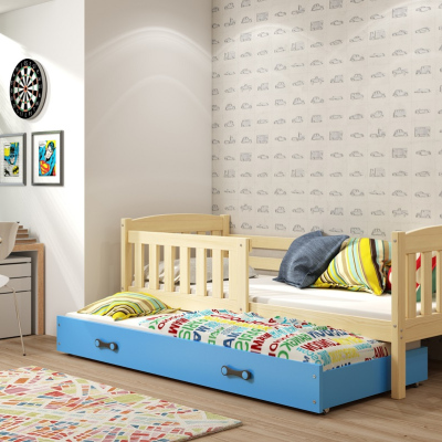 Dětská postel s přistýlkou a matracemi 90x200 BRIGID - borovice / modrá