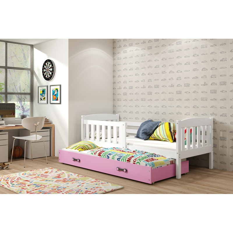 Dětská postel s přistýlkou a matracemi 90x200 BRIGID - bílá / růžová