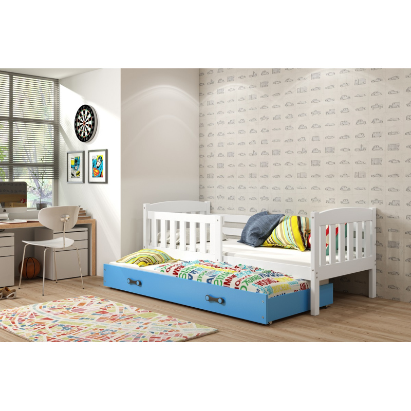 Dětská postel s přistýlkou a matracemi 90x200 BRIGID - bílá / modrá