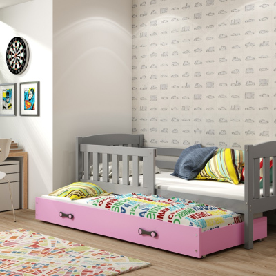 Dětská postel s přistýlkou bez matrací 90x200 BRIGID - grafit / růžová