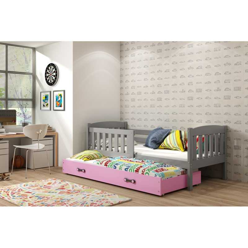 Dětská postel s přistýlkou a matracemi 80x190 BRIGID - grafit / růžová