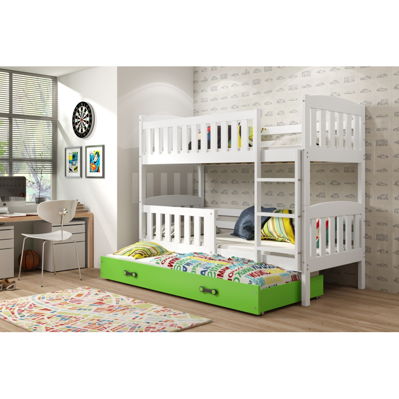 Dětská patrová postel s přistýlkou a matracemi 90x200 BRIGID - bílá / zelená
