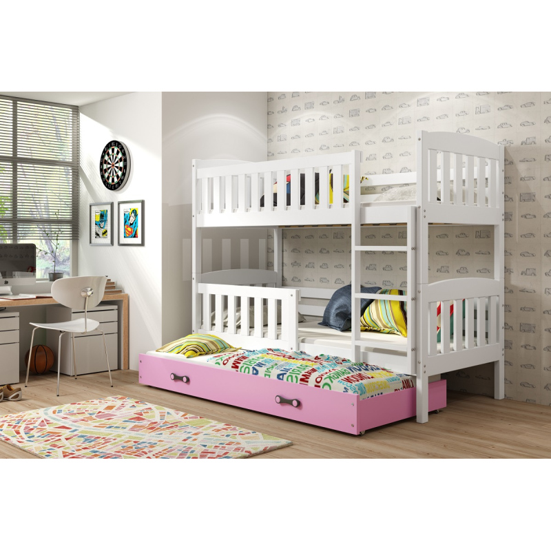Dětská patrová postel s přistýlkou a matracemi 90x200 BRIGID - bílá / růžová