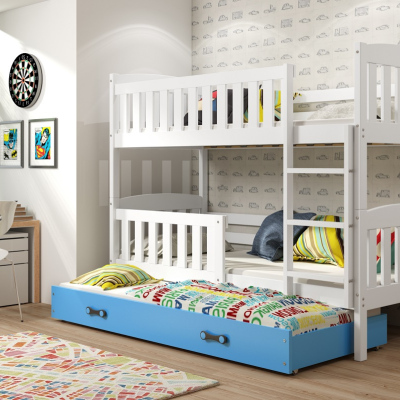 Dětská patrová postel s přistýlkou a matracemi 90x200 BRIGID - bílá / modrá