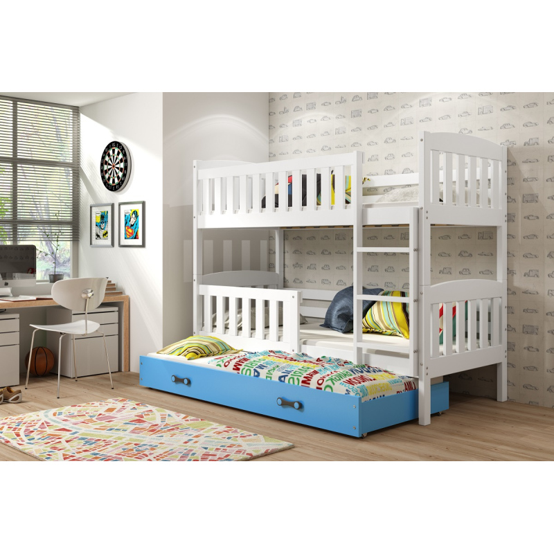 Dětská patrová postel s přistýlkou a matracemi 90x200 BRIGID - bílá / modrá