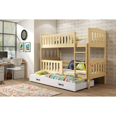 Dětská patrová postel s přistýlkou a matracemi 90x200 BRIGID - borovice / bílá