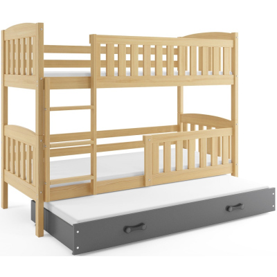 Dětská patrová postel s přistýlkou a matracemi 90x200 BRIGID - borovice / grafit