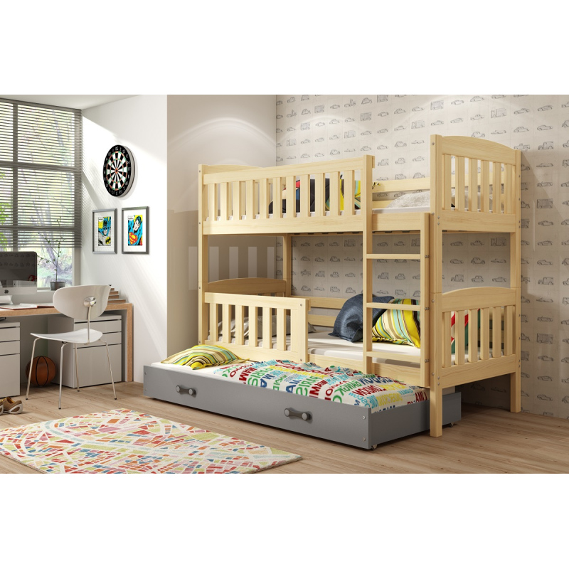 Dětská patrová postel s přistýlkou bez matrací 90x200 BRIGID - borovice / grafit
