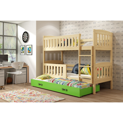Dětská patrová postel s přistýlkou a matracemi 90x200 BRIGID - borovice / zelená