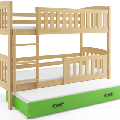 Dětská patrová postel s přistýlkou a matracemi 90x200 BRIGID - borovice / zelená