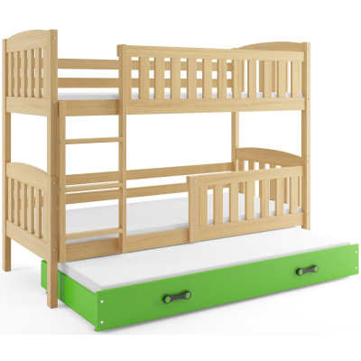 Dětská patrová postel s přistýlkou bez matrací 90x200 BRIGID - borovice / zelená