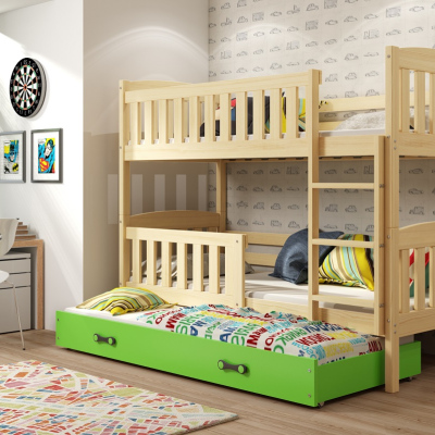 Dětská patrová postel s přistýlkou bez matrací 90x200 BRIGID - borovice / zelená