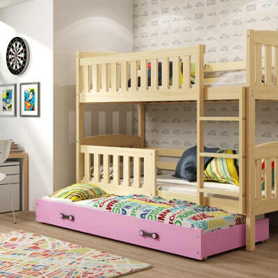 Dětská patrová postel s přistýlkou a matracemi 90x200 BRIGID - borovice / růžová