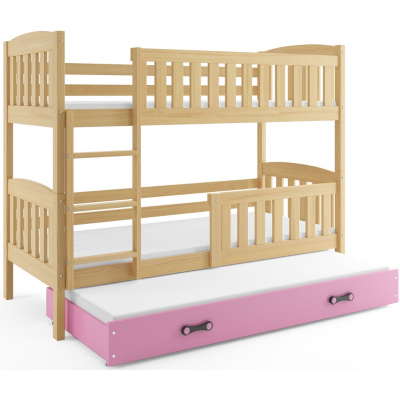 Dětská patrová postel s přistýlkou a matracemi 90x200 BRIGID - borovice / růžová