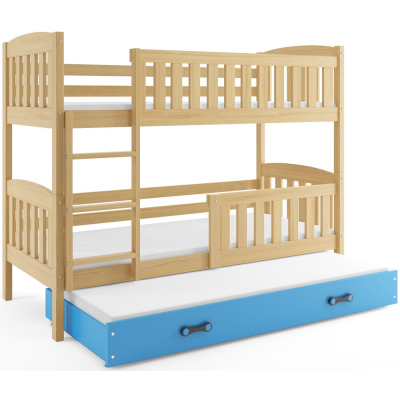 Dětská patrová postel s přistýlkou a matracemi 90x200 BRIGID - borovice / modrá