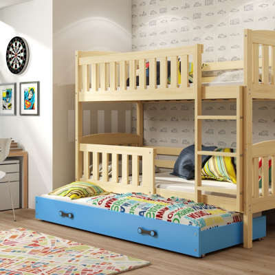 Dětská patrová postel s přistýlkou bez matrací 90x200 BRIGID - borovice / modrá