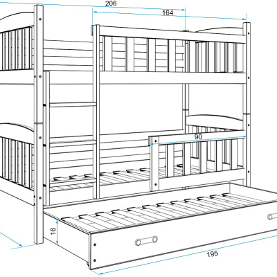 Dětská patrová postel s přistýlkou a matracemi 90x200 BRIGID - borovice / modrá