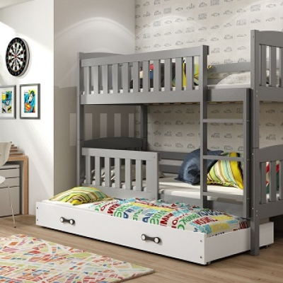 Dětská patrová postel s přistýlkou a matracemi 90x200 BRIGID - grafit / bílá