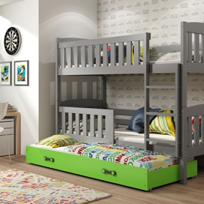 Dětská patrová postel s přistýlkou a matracemi 90x200 BRIGID - grafit / zelená