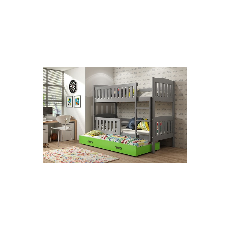 Dětská patrová postel s přistýlkou bez matrací 90x200 BRIGID - grafit / zelená