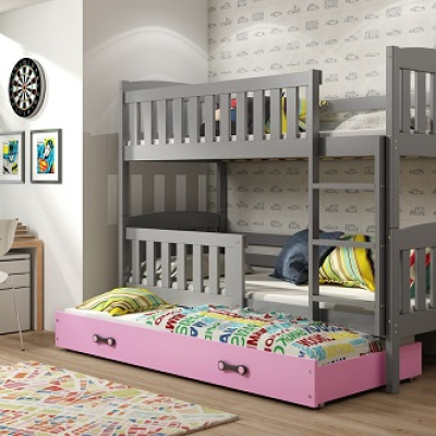 Dětská patrová postel s přistýlkou a matracemi 90x200 BRIGID - grafit / růžová