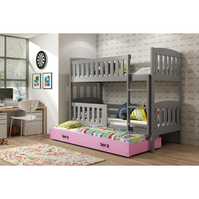 Dětská patrová postel s přistýlkou a matracemi 90x200 BRIGID - grafit / růžová