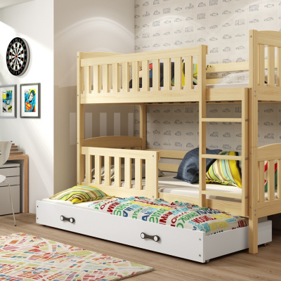 Dětská patrová postel s přistýlkou a matracemi 80x190 BRIGID - borovice / bílá