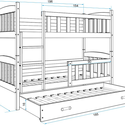 Dětská patrová postel s přistýlkou a matracemi 80x190 BRIGID - borovice / modrá