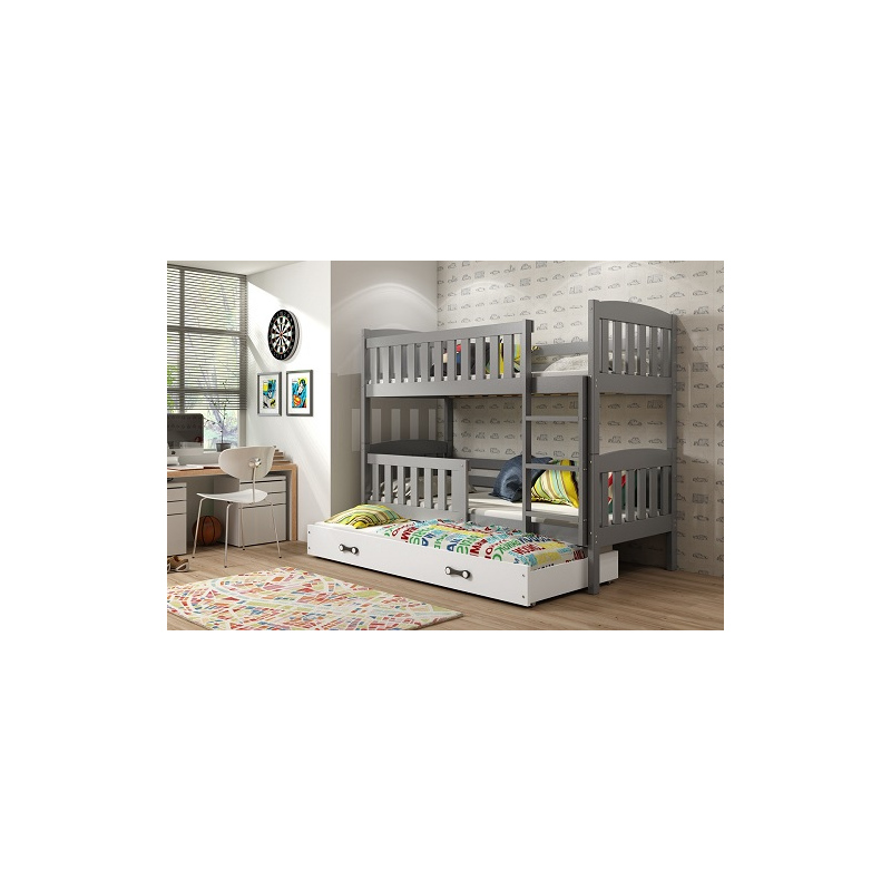 Dětská patrová postel s přistýlkou a matracemi 80x190 BRIGID - grafit / bílá
