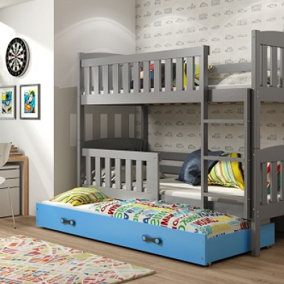 Dětská patrová postel s přistýlkou a matracemi 80x190 BRIGID - grafit / modrá