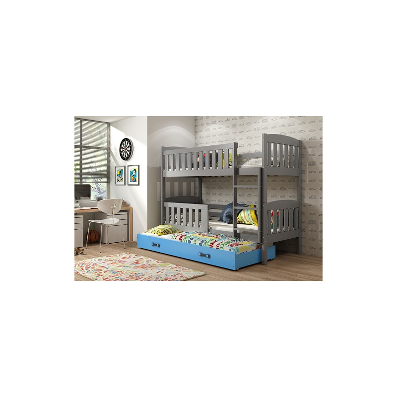 Dětská patrová postel s přistýlkou a matracemi 80x190 BRIGID - grafit / modrá