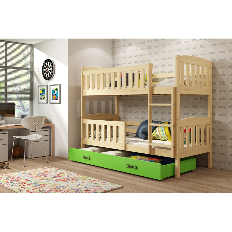 Dětská patrová postel s úložným prostorem s matracemi 90x200 BRIGID - borovice / zelená