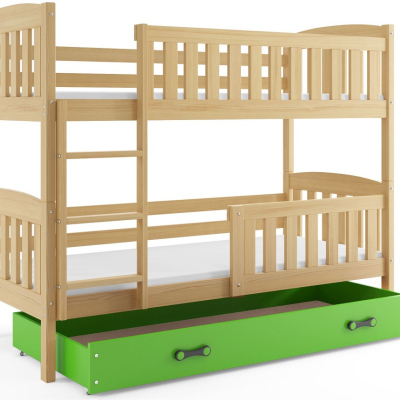 Dětská patrová postel s úložným prostorem bez matrace 90x200 BRIGID - borovice / zelená