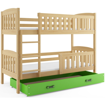 Dětská patrová postel s úložným prostorem bez matrace 90x200 BRIGID - borovice / zelená