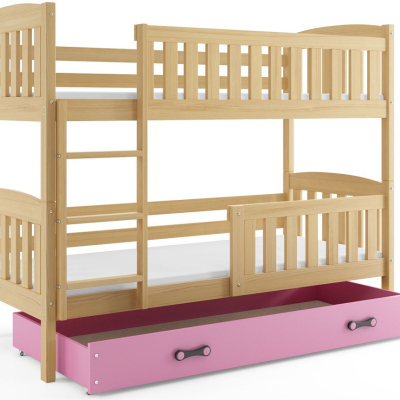 Dětská patrová postel s úložným prostorem s matracemi 90x200 BRIGID - borovice / růžová